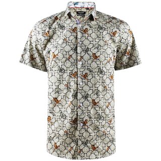 Yves Enzo Kurzarmhemd Beige/Bunt mit HOJAS-Print 532-10...